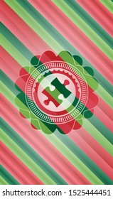 jigsaw puzzle piece icon inside christmas colors style badge.
