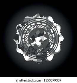 jigsaw puzzle piece icon inside grey camouflaged emblem