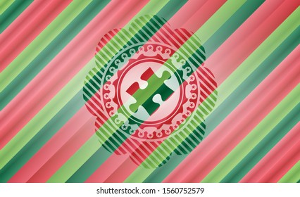 jigsaw puzzle piece icon inside christmas colors style badge.