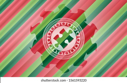 jigsaw puzzle piece icon inside christmas colors style emblem.