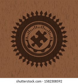 jigsaw puzzle piece icon inside wooden emblem. Vintage.