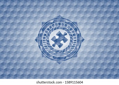jigsaw puzzle piece icon inside blue emblem or badge with abstract geometric polygonal pattern background.