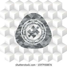 jigsaw puzzle piece icon inside realistic grey emblem with geometric cube white background