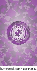 jigsaw puzzle piece icon inside pink and purple camouflaged emblem