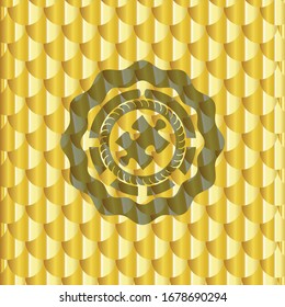 ícono de pieza de rompecabezas dentro del emblema de oro o placa. Patrón de escalas. Ilustración vectorial. Detallado.