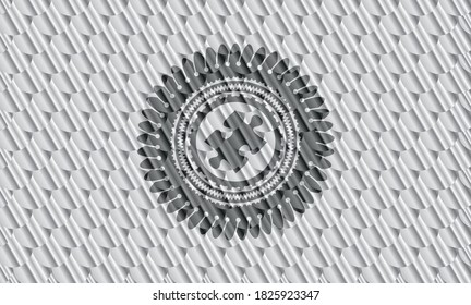 jigsaw puzzle piece icon inside silver emblem. Scales pattern. Vector Illustration. Detailed. 
