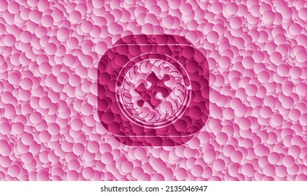 icono de la pieza del rompecabezas dentro de la placa rosa con fondo de burbujas. Ilustración vectorial. Detallado. 