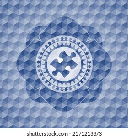 jigsaw puzzle piece icon inside blue badge with geometric pattern. 
