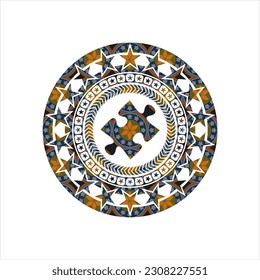 jigsaw puzzle piece icon inside arabesque style emblem. arabic decoration. 
