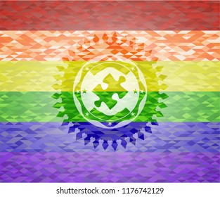 jigsaw puzzle piece icon on mosaic background with the colors of the LGBT flag