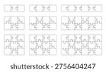 Jigsaw puzzle piece set in different sizes. Collection of templates with different pieces for game, infographic, educational design. Vector jigsaw picture template. Kit of Puzzle grid business chains