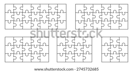 Jigsaw puzzle piece set in different sizes. Collection of template with piece outlines in patterns, different counts and grid layouts. Vector outlines for DIY game, educational activity design project