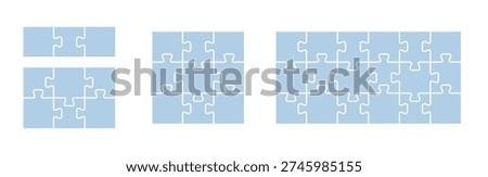 Jigsaw puzzle piece set in different sizes. Collection of 4 templates with outline for game, infographic, educational design. Vector jigsaw picture texture collection. Kit of Puzzle grid business chains