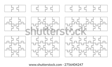 Jigsaw puzzle piece set in different sizes. Collection of templates with different pieces for game, infographic, educational design. Vector jigsaw picture template. Kit of Puzzle grid business chains