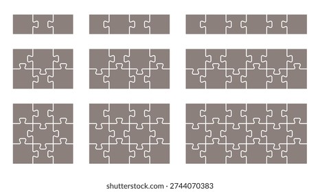 Jigsaw puzzle piece templates in different grid layouts, outlines in various configurations. Vector puzzles set with different sizes. Blank patterns for games, projects. 12, 18, 3, 6, 8, 9 pieces