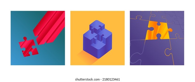 Jigsaw Puzzle Pieces Art Concept. Poster Triptych For Print. Vector Illustration In 3d Style. Problem-solving, Brainstorming Teamwork, Business Concept. Collaboration In Business Development.