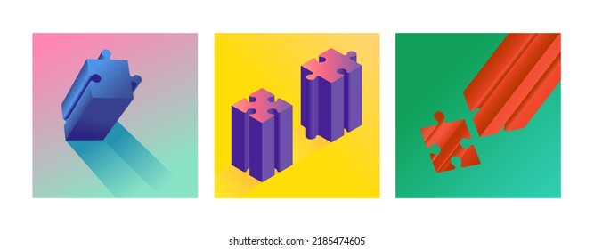 Jigsaw Puzzle Pieces Art Concept. Poster Triptych For Print. Vector Illustration In 3d Style. Problem-solving, Brainstorming Teamwork, Business Concept. Collaboration In Business Development.