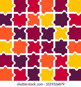 Jigsaw puzzle pieces background vector in shades of warm colors of yellow, orange, red and purple with white space between each puzzle piece