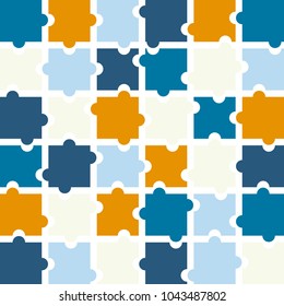 Jigsaw puzzle pieces background vector in shades of blue, orange and bright yellow with white space between each puzzle piece