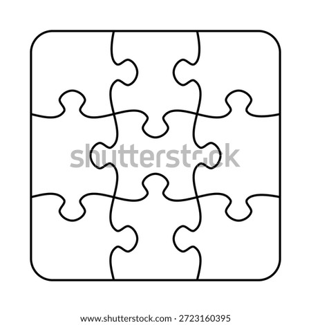 Jigsaw puzzle pieces blank template. Cutting lines simple grid design for baby jigsaw square puzzle - 9 pieces.