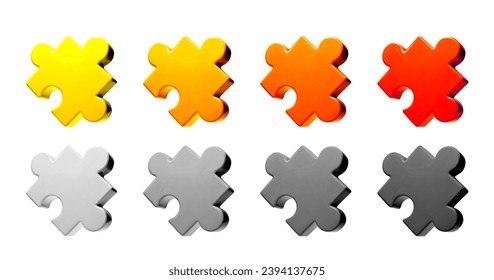 Jigsaw puzzle pieces. Bright colored and monochrome 3d parts connect together as team partnership concept illustration. Elements fit and match to build strategy or community.