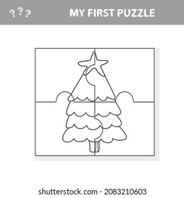 JIgsaw Puzzle Pieces - Christmas Tree Design. My first puzzle - game for kids and coloring page