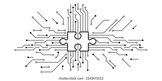 piezas de rompecabezas de rompecabezas. Seguridad en la nube, abren o cierran el candado. Icono de bloqueo o desbloqueo. Tarjeta de circuito o tarjeta madre electrónica. las líneas y puntos se conectan. Datos de tecnología vectorial de alta tecnología. 