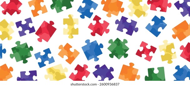 Jigsaw puzzle pieces colorful background. Hand drawn vector illustration in flat style. Autism spectrum disorder world awareness day. Team building, strategy, business, board game banner