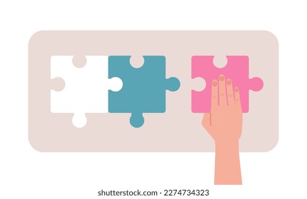 Jigsaw puzzle pieces connecting flat concept vector spot illustration. Editable 2D cartoon character hand on white for web design. Putting parts together creative idea for website, mobile app