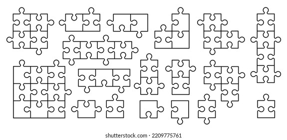 jigsaw, puzzle pieces connection line pattern. Puzzel piece icon or pictogram. Cartoon vector outline. Autism logo or symbol. Dubbele platte puzzels grid. Teamwork concept. Mosaic sign. Game print