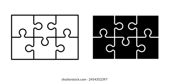 rompecabezas, piezas del rompecabezas patrón de línea de conexión. Icono o pictograma de la pieza del rompecabezas. Esquema de Vector de dibujos animados. Logo o símbolo del autismo. Doble placa rompecabezas de la cuadrícula. Concepto de trabajo en equipo. Signo de mosaico. Impresión de juego