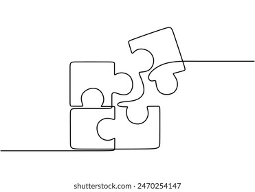 Jigsaw puzzle pieces continuous line drawing. Problem solving and solution business metaphor. One line drawing of puzzle piece for idea, business, thinking process, creativity design concept.