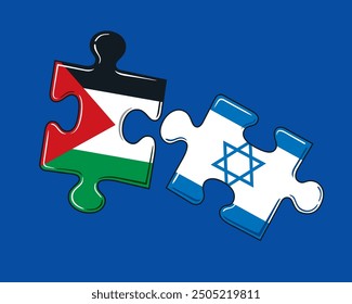 Jigsaw Puzzle pieces depicting the Israel and Palestine Flags to graphically illustrate the ongoing Israeli–Palestinian conflict and attempts to bring about a resolution on a two-state solution.