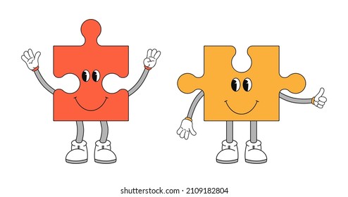 Jigsaw puzzle pieces with face emotions, hands and legs. Puzzle elements with hand drawn faces and body parts. Cute funny characters for kids. Vector illustration.