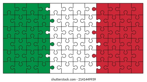 jigsaw puzzle pieces with Flag Italy. Italia puzzle pieces icon or pictogram. national country symbol. Cartoon Italian logo. Platte puzzels. Mosic sign. Travel, vacation, holliday.  Welcome to.