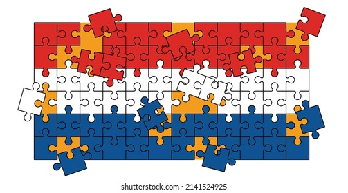 jigsaw puzzle pieces with Flag The Netherlands. Dutch, national country symbol. Cartoon vector Holland logo. Ball sport puzzles symbol. Football sport, orange supporters. wk, ek, connection