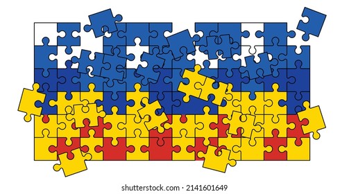 jigsaw puzzle pieces with Flag. Russia and ukraine conflict. Puzzle pieces talk, discuss dialogue. national country symbol. Hybrid war and warfare, data DDoS attack. Cyber war, digital hacker.