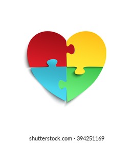 Jigsaw puzzle pieces in form of heart, isolated on white background. Autism symbol. Vector illustration.