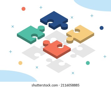 Jigsaw puzzle pieces isolated flat vector. Business success, team working, partners connection, teamwork, partnership, cooperation, Problem solution, Question solving, strategy achievement concept.