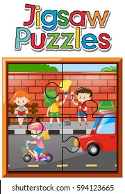 Jigsaw puzzle pieces of kids on the road illustration