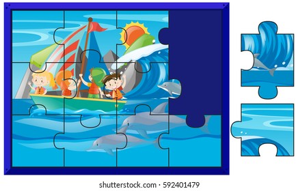 Jigsaw puzzle pieces of kids sailing illustration
