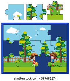 Jigsaw puzzle pieces for kids watering plants illustration