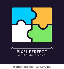 Jigsaw puzzle pieces pixel perfect RGB color icon for dark theme. Cooperation. Teamwork in company. Simple filled line drawing on night mode background. Editable stroke. Poppins font used