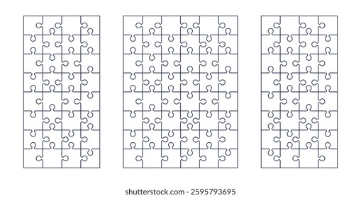 Jigsaw puzzle pieces set, round and square shapes with three-part connection, blank infographic icon for charts. Flat vector illustration isolated on white background.