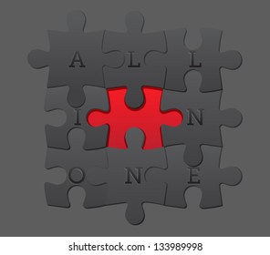 Jigsaw Puzzle Pieces in soft grays, outlining a bright red middle shape