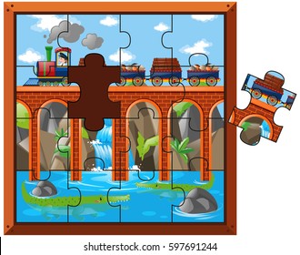 Jigsaw puzzle pieces of train on bridge illustration