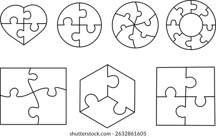 Jigsaw Puzzle Pieces Vector Set-Outline Styles on White  Backgrounds

