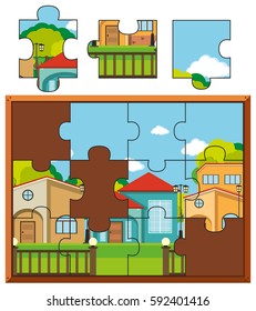 Jigsaw puzzle pieces of village with many houses illustration