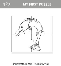 Jigsaw puzzle with pike fish. Educational game for children. Vector illustration. My first puzzle and coloring page