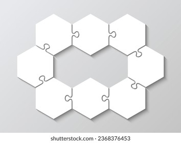 Infografía de presentación del rompecabezas. Cuadrícula hexagonal del rompecabezas de negocios. Gráfico informativo de hexágono con 8 piezas, pasos de diagrama de procesos. Presentación de negocios para infografías. Ilustración del vector